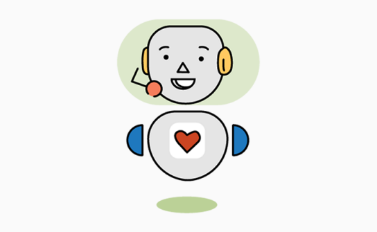 Illustration. En glad robot med ett headset på huvudet och ett hjärta på magen.