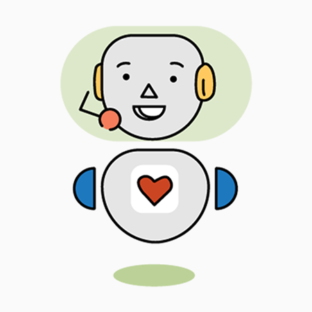 Illustration. En glad robot med ett headset på huvudet och ett hjärta på magen.