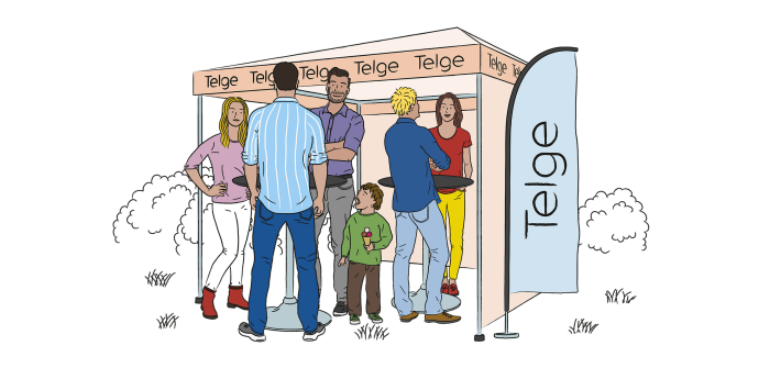 Illustration. Några personer står och pratar i ett tält märkt med Telges logotyp.